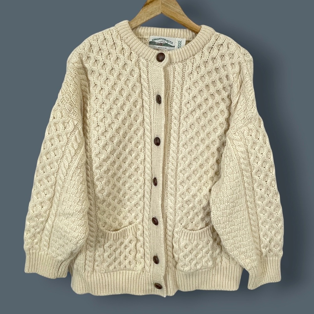 VTG Aran Crafts Wool Cable Knit Cardigan Sweater Womens L Fisherman Heavyweight